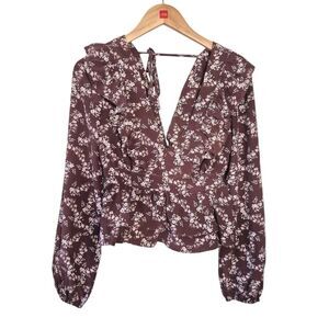 Altar'd State Brown Floral Blouse with Tie Detail Boho Size Small